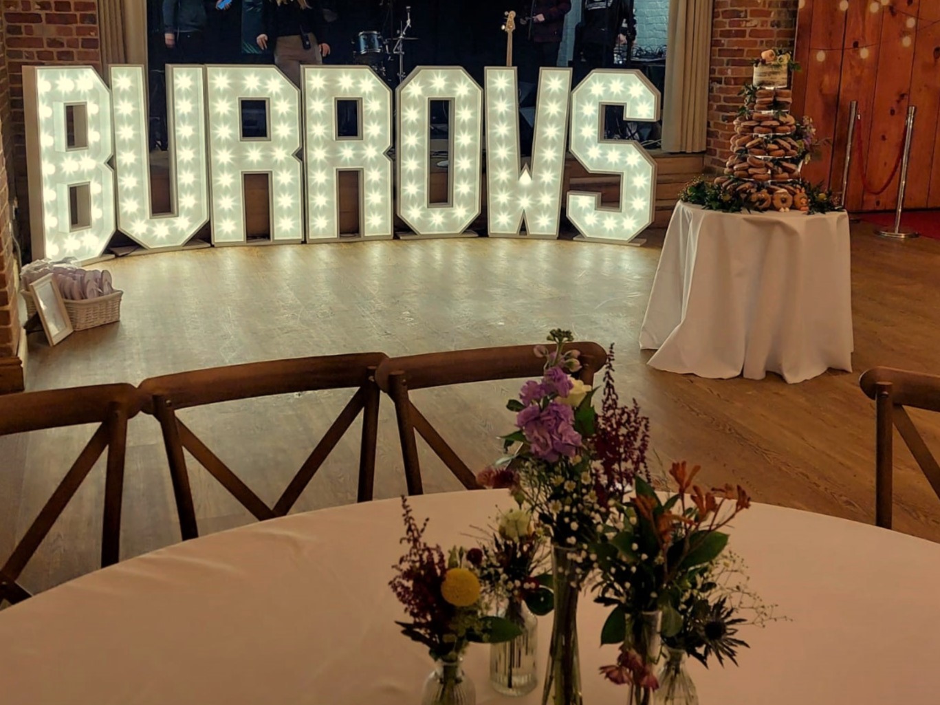 “Light up surname of BURROWS letters at a wedding celebration at The Wasing Estate, Aldermaston Berkshire – Light Up Letters Berkshire
